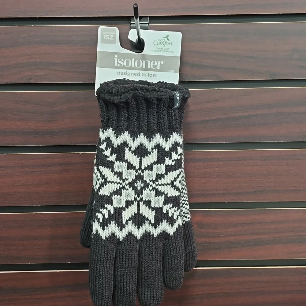Isotoner | Adult Snowflake Knit Gloves – Black Sherpasoft Lined | OSFM
